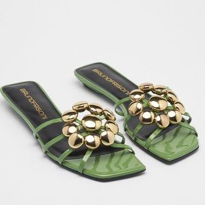 Green Patent Leather Slide Sandals with Gold Accent